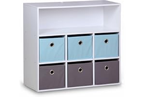 Alice's Home sweeek - Mueble con almacenaje para niño, Blanco - Camilo - con 7 Compartimentos y 6 cestas Grises y Azules