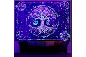 Cyiecw Tapiz de pared con luz negra, diseño astético, reactivo a los rayos UV, sol, luna y árbol de la vida, tapiz decorativo para plantas fluorescentes bosque, decoración de salón (200 x 150 cm) (sol