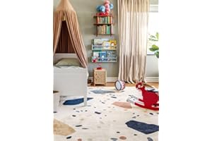 RugVista Beverly Tapis pour Chambre d'enfant, 140x200 cm, Rectangulaire, Poil Moyen, Nettoyage à Sec, Chambre pour Jeunes et bébés, Pas de substances nocives, Blanc crème Beige/Bleu