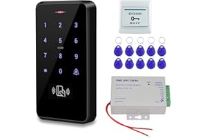 HFeng Kit de Sistema Control Acceso para Puertas Exteriores IP68 Waterproof Lector de Tarjetas Teclado RFID + Fuente Alimentación + Botón Exit + 10pcs Keychains (sin Cerradura)