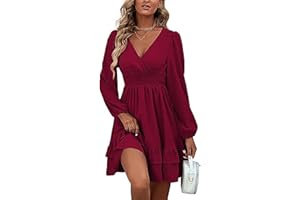 MAFA Vestiti Casual da Donna Estivi Autunno Elegante a Pois Abito a Maniche Lunghe Vestito Scollo V Abiti Corto con Volant e Vita Alta
