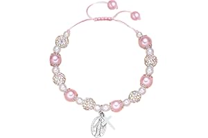 Bcenoilua Pulsera de Cruz para Niñas Cristal Rosa Brillante Pulsera de Cuentas Pulsera de Cuentas Rosarios Pulsera Regalo Bautizo para Adolescentes y Niñas Como Accesorio de Vestir