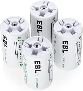 EBL AA to D Battery Converters, Pack of 4 AA to D Battery Adapters, Battery Spacer for AA Batteries