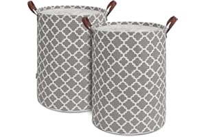 TOTANKI 2PCS Grand panier à linge avec poignée en cuir durable, corbeille a linge rond à cordon de serrage, panier à linge pliable, panier de rangement des vêtements pour la chambre à coucher (Gris,L)