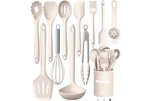 TERLULU Küchenhelfer Set, 12-teiliges Silikon Kochutensilien Kochbesteck Set, Hitzebeständiger Kochgeschirr mit Utensilienhalter, Antihaft Kochset Küchenutensilien, Spülmaschinenfest - Khaki