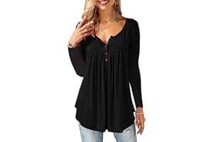 Amoretu T-Shirt Damen V-Ausschnitt Knopfleiste Bluse Solide Tunika Langarm/Kurzarm Tops