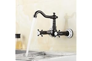 HARUPINK 360° Drehbar Wandarmatur Küchenarmatur Messing Antik Wandmontage Doppelhebel Spültischarmatur Waschbeckenarmatur Wasserhahn Wand Waschtischarmatur Retro Waschtischmischer für Küche (Schwarz)
