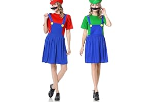 YUUGYD Super Brothers Cosplay Kostüme für Erwachsene Kinder, Halloween Carnival Cosplay Kostüm, Cosplay Kostüm mit Hut und Schnurrbart für Herren Damen Jungen Mädchen, Damen Grün, S
