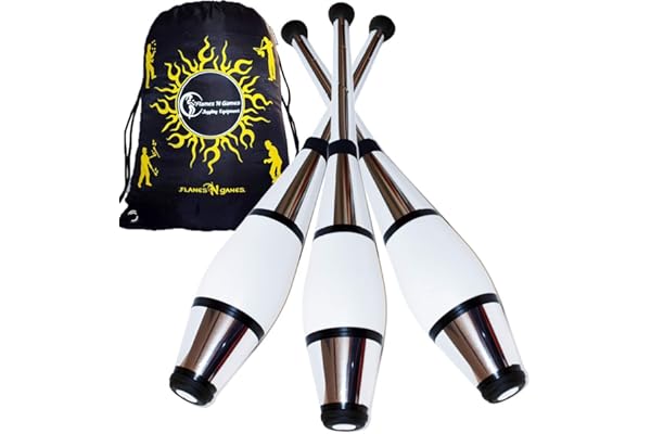 Juggle Dream 3X Euro Pro Massues De Jonglage (12 Options de Couleur/Metallic Déco) Massue Pro à Jongler. Formation Jonglerie Massues + Flames N Games Sac de Voyage! (Argent)