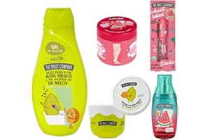 GOLOMINAS COMPANY Pack Completo de Belleza The Fruit Company con Aroma a Sandía y Melon: Champú Hidratante, Labial Suavizante, Colonia Refrescante y Exfoliante Natural - Regalo con el Dulce Encanto de la Sandía y Melon