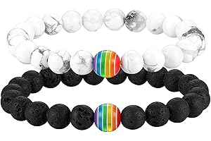 Flongo Partner Armbänder Energiearmband Energie LGBT Armband Regenbogen Streifen Gay Pride Schwul Homosexual Homosexuell Lava Türkis Stein Mala Kugel Perle Herren,Damen Accessoires 2 Stück Set