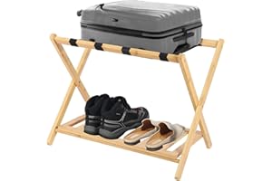 REDCAMP Holz Kofferständer Luggage mit Regal für zu Hause,Klappbarer Gepäckträger für Gästezimmer, Hotelzimmer 68 x 40 x 58 cm
