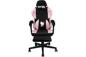 Konix Hello Kitty Gaming Krzesło biurowe - nachylenie siedzenia 150° - Drewniana i metalowa rama - Poduszka - Podnóżek - Czarny i Różowy