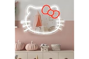 MOODLAMP Cute Cat Mirror Neon Sign for Room Decor, Adjustable Brightness Neon Sign & Battery Operated, Anime Gifts for Girls, Birthday and Christmas Gifts for Girls, Women (9.9 x 13.4 inches))