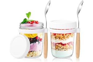 HYCKee Overnight Oats Jar Set of 2, 350ml Glass Mason Jars wIth Lids and Spoon for Cereal Milk Yogurt Storage, Glass Overnight Oats Containers with Measurement Marks On The Go Container