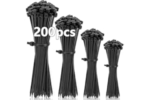 COOLON Opaski kablowe, czarne, 200 sztuk, 100/150/200/300 mm (po 50 sztuk), różne rozmiary, super trwałe, samoblokujące, opaski kablowe, do zarządzania kablami, prac ogrodowych, mieszkań i warsztatów