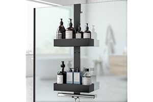 Diwoker Estanteria Baño para Colgar, Estanteria Baño sin Taladro, Estante Ducha Colgar para Puerta de Vidrio sin Marco, Organizador Baño Negro (2 estratos)