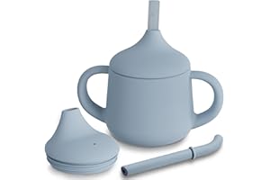 Moonkie Tazza in silicone per bambini a partire dai 6 mesi, 2 cannucce (con e senza valvola), 120 ml, passaggio a 3 livelli, senza BPA, a prova di perdite