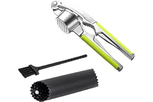 HUATEEN Knoblauchpresse,2 In 1 Edelstahl Knoblauchpresse und Nussknacker,Zerkleinerer Mit Silikon Knoblauchschäler & Reinigungsbürste Zerkleinert Knoblauch Mühelos zum Hacken, Zerkleinern und Schälen