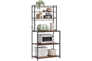 WOLTU Scaffale da Cucina con 6 Ripiani, Scaffale per Microonde con 6 Ganci, Struttura in Metallo, Legno Ingegnerizzato, 80x40x167cm, Marrone Rustico+Nero