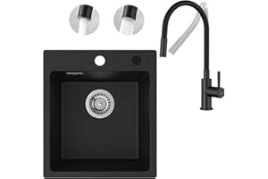 CECIPA Fregadero de granito con grifo mezclador flexible, grifo de cocina con 2 tipos de chorros de agua, fregadero de cocina de granito de 40 x 45 cm, fregadero negro, fregadero de cocina rectangular,
