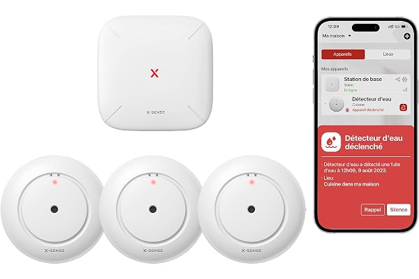 X-Sense Détecteur de Fuite d'eau Connecté avec Station de Base SBS50, Détecteur d'eau Wi-FI avec Alarme 110 DB, Portée Jusqu'à 500 m, Idéal pour Cuisines, sous-sols, Salles de Bains, SWS54
