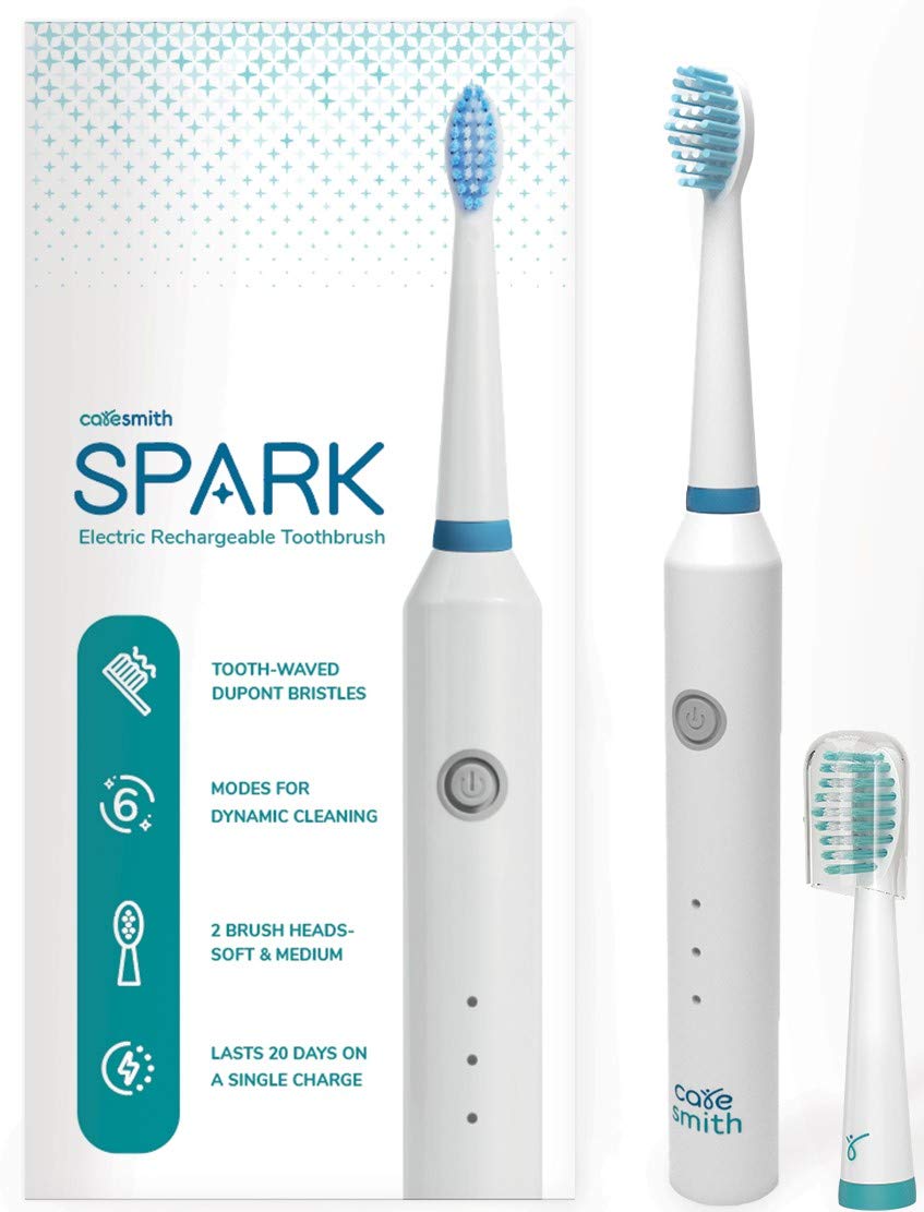 Caresmith Spark Rechargeable Electric Toothbrush | 6 Operating Modes | 40000 Vibrations per Minute | 2 Brush Heads (White)