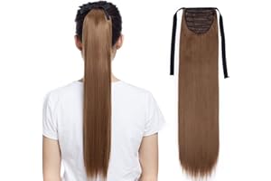 SEGO 22"(55cm) Exteniones de Coleta Postiza Pelo Sintético Se Ve Natural Cola de Cabello con Cinta y Clip Postizos Pelucas Lisas (90g,Castaño Claro)