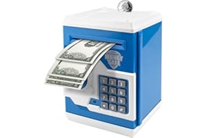 Vommery Hucha para niños de Juguete, Mini Caja Fuerte electrónica para cajero automático Bancos con Bloqueo de contraseña & Desplazamiento automático de Dinero para niños niñas (Azul)