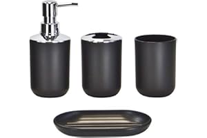 Icegrey Modern Design 4-teiliges Luxus-Badezimmerzubehör-Set Lotionflaschen, Zahnbürstenhalter, Zahnbecher, Seifenschale, Schwarz-Four