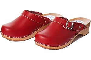 PAFOLI Women’s Leather Clogs - Natural Swedish Handmade Wooden Sole Sandals Easy Fit with Strap Buckle in Smooth Finish Available in All UK Sizes