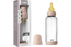 BIBS Baby Glasflasche 240ml, Vermindert Koliken, Runder Sauger aus Naturkautschuklatex, Unterstützt das Stillen. Hergestellt in Dänemark, Complete Set, 240ml - Blush