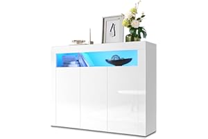 SONNI Komoda biała wysoki połysk z oświetleniem LED kredens biały z 3 drzwiczkami o szerokości 120 cm