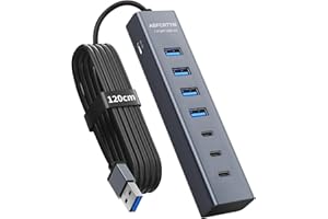 ABFCRTTW 7 Port Hub USB 3.0, Aluminium Hub avec 120cm Câble pour PC Bureau, USB Adaptateur Multiport avec 4 USB-A & 3 USB-C, 5V 3A Type-C pour PC, Laptop, MacBook, MacBook, Souris, Clavier, Disque U etc