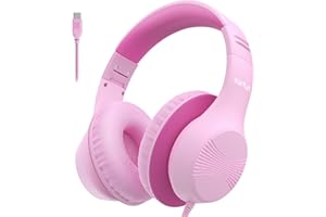 EarFun Kinder Kopfhörer mit USB-C Kabel, 85dB Lautstärkenbegrenzer, Komfortables Tragen, Hi-Fi Klang, Faltbare, 8-stufig Verstellbares Kopfband, Over Ear Kinderkopfhörer für Schule/Tablet/PC, Rosa