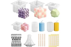 WUGU Moule en Silicone pour Bougie, 6 pièces 3D DIY en silicone Moule à bougie avec 50 pcs mèches de bougie, 5 supports de mèches, pour le bricolage Bougies d'aromathérapie Savon