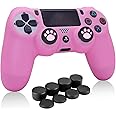 HLRAO PS4 Controller Skin Pink, Anti-Slip Grip Silicone Cover Protector Case Compatible for PS4/Slim/Pro Wireless/Wired Gamepad Controller with 8 x FPS Pro Thumb Grip Caps + 2 Cat Paw Caps.