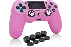 HLRAO PS4 Controller Skin Pink, Antideslizante Grip Funda Protectora de Silicona Compatible con PS4 / Slim/Pro Wireless/Wired Gamepad Controller con 8 x FPS Pro Thumb Grip Caps + 2 Cat Paw Caps.