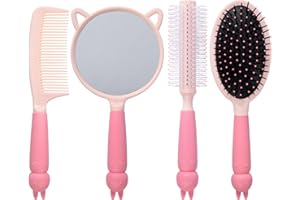 MEGAVOW 4 Pcs Cute Hairbrush Hand Mirror Set, Detangle Massage Comb, Fine Tooth Comb, Rabbit Personalised Handheld Mirror, Round Curly Brush for Girls Wet Dry Hair Styling (Pink)