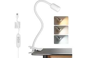 EXTRASTAR LED Desk Lamp, Aluminium Clip on Lamp Eye-Caring with 3 Color Modes and Ajustable Brightness, USB Charging Port, 3.5W 300LM, for Bedroom, Office, White