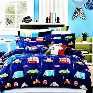 Harbell Home 200 GSM 400 TC Kids Glace Cotton Reversible Cartoon Printed Double Bed King Size Comforter with Matching Bedsheet 90*100 with 2 Pillow Covers Set of 4 Pieces (Truck Bus)