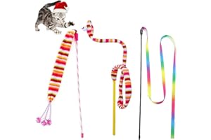 NEKOSUKI Cat Wand Rainbow Toy, 3 Styles Funny Interactive Cat Toys, Cuddly Stuffed Snake Cat Toy on Stick with Bell, Colorful Sounding Toys, Rainbow Ribbon Wand for Kittens Training