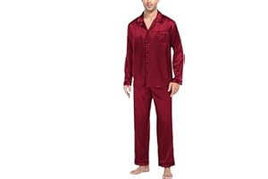 SWOMOG Mens Satin Pyjamas Set Long Sleeve Button Down Sleepwear Silk Pyjama Set Men Blouse and Long Pants PJs