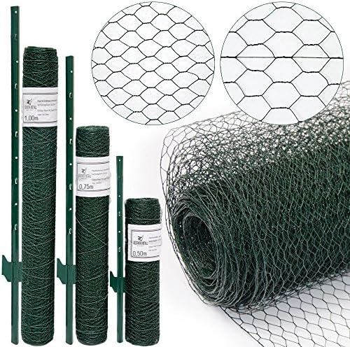Wire Netting Fence + Metal Fence Posts | Hexagonal Chicken Wire Height 0,75m | Mesh 25x25mm | Roll 15m | Incl 12 Fence Posts Poles Height 105cm | Green PVC Coated Fencing for Animals and Plants