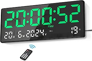 Lafocuse 15.5" Orologio da Parete Digitale Grande LED, Orologio da Tavolo con Numeri Grande, Telecomando, Calendario, Temperatura, Orologio Digitale per Cucina Soggiorno Camera da Letto Ufficio, Verde