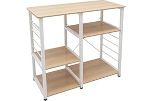 DlandHome Ripiani da cucina per riporre oggetti, 90 x 39 x 83 cm, mobile portaoggetti da cucina per forno a microonde, in metallo e legno, rovere bianco