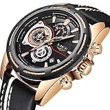 Herren-Uhr Sport Wasserdich Chronograph Analog Quarz Armbanduhr Schwarz LederuhrLIGE9881