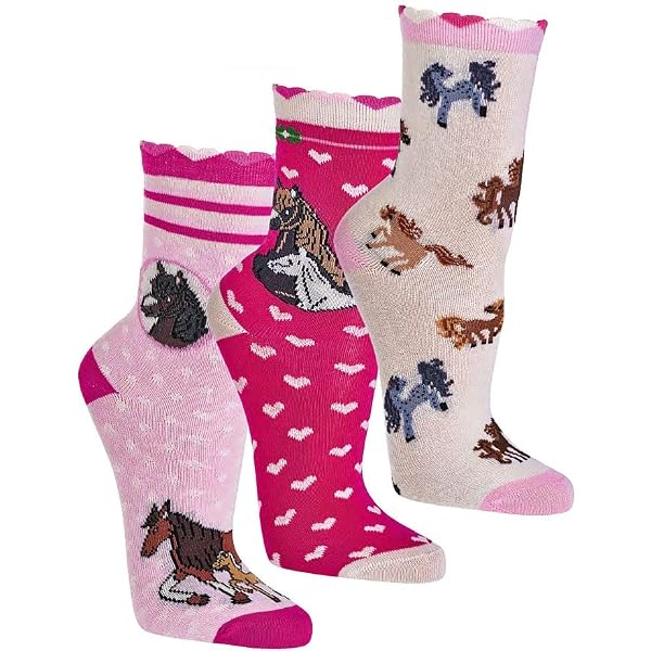 WOWERAT Kinder Socken 'Pferde Classic' – 3er Pack, Handgekettelt, Aus Weicher Baumwolle