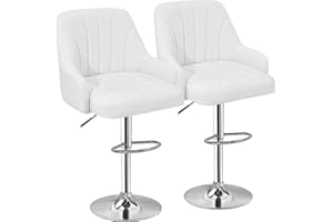 VECELO Tabourets de Bar Lot de 2, Hauteur Réglables, avec Dossier et Accoudoirs, Chaises Pivotantes en PU, pour Bar, Cuisine, Moderne, Blanc