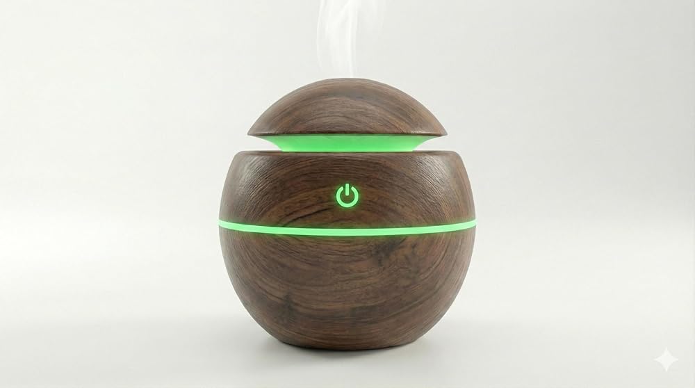 Vios Store Ultrasonik Hava Nemlendirici ve Aroma Difüzörü - 3 Farklı Renk Seçeneği (Beyaz, Açık ve Koyu Ahşap) - Küre Tasarım Buhar Makinesi, LED Işıklı ve Sessiz Oda Kokusu Yayıcı (USB) (KOYU AHŞAP)